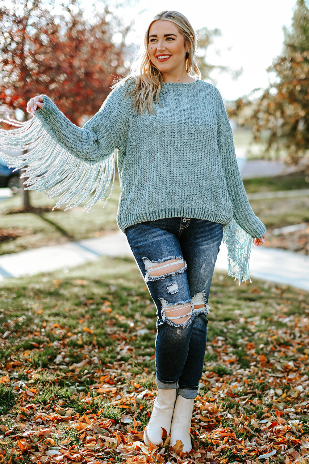 Plus Size Fringed Long Sleeve Knit Sweater