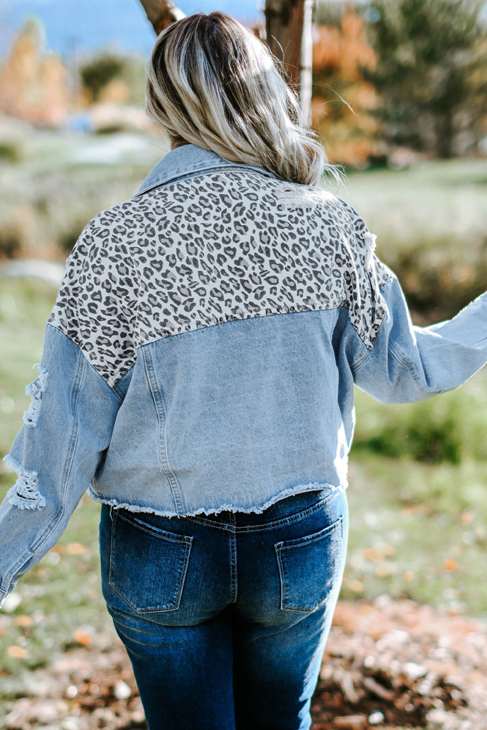 Plus Size Leopard Ripped Cropped Denim Jacket