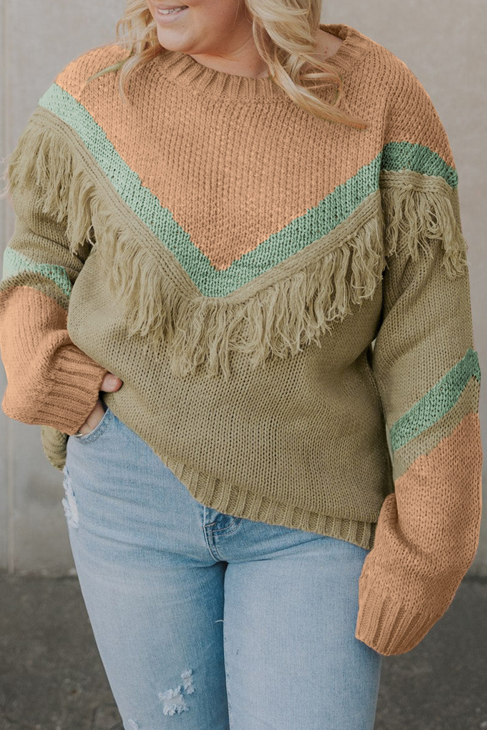 Multicolor Color Mixed Fringe Pullover Plus Size Sweater