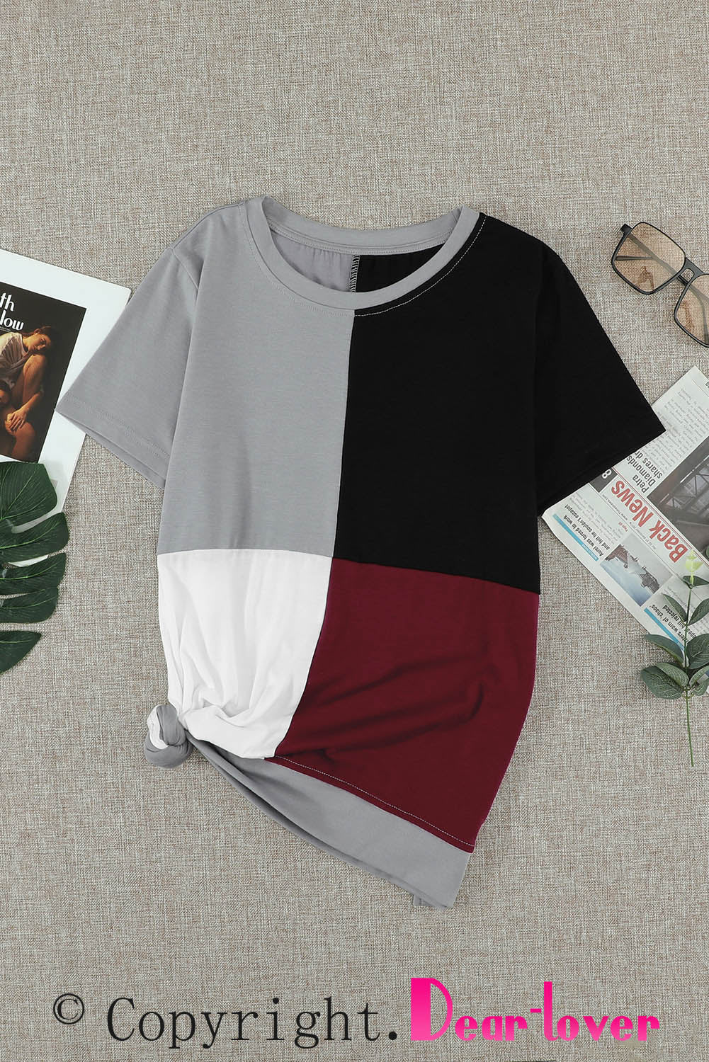 Wine Red Colorblock T-shirt with Slits