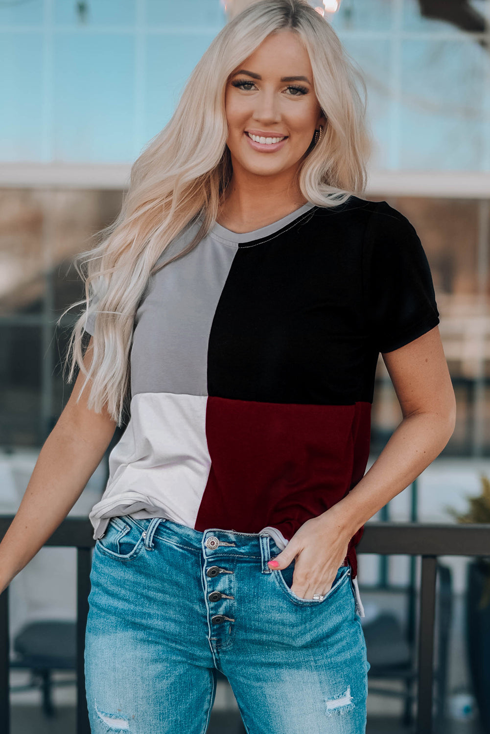 Wine Red Colorblock T-shirt with Slits