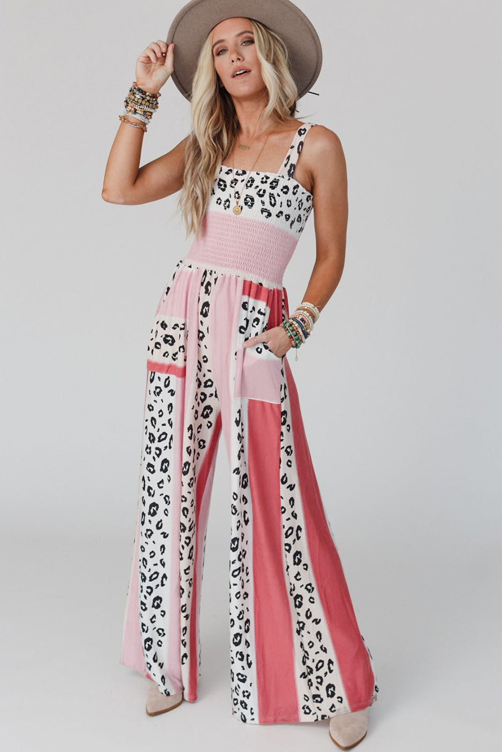 Color Block Mix Print Pocketed Jumpsuit