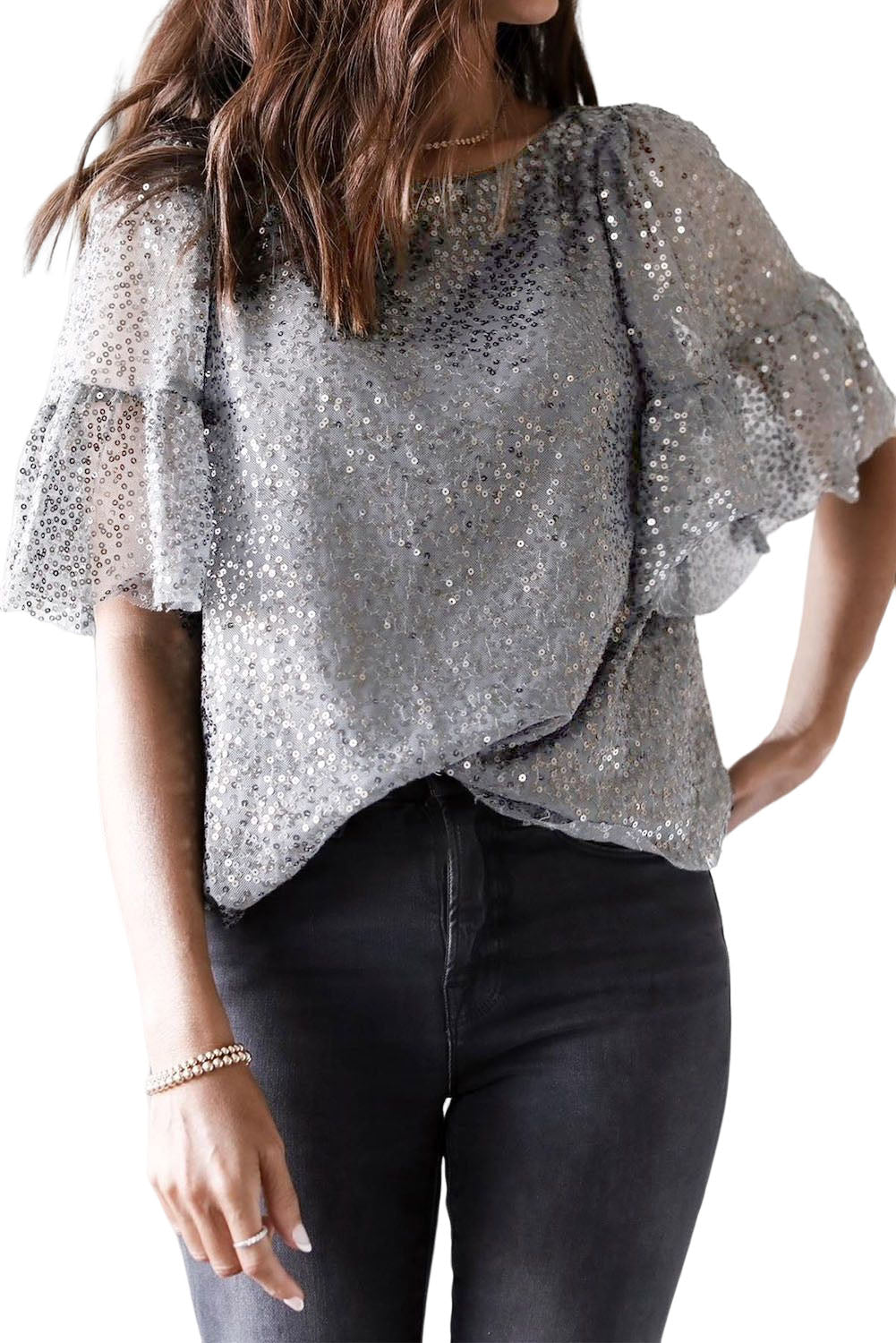 Ruffled Sleeves Sequin Blouse