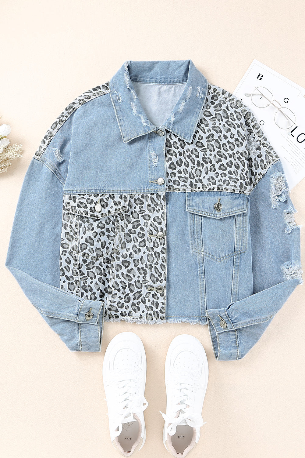 Plus Size Leopard Ripped Cropped Denim Jacket