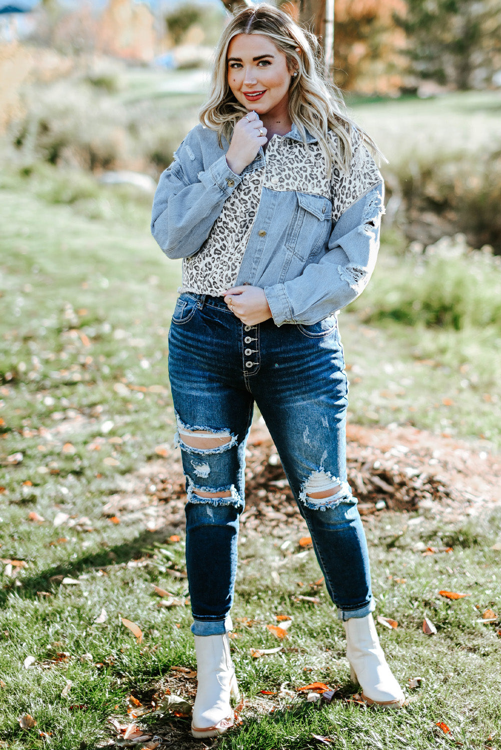 Plus Size Leopard Ripped Cropped Denim Jacket