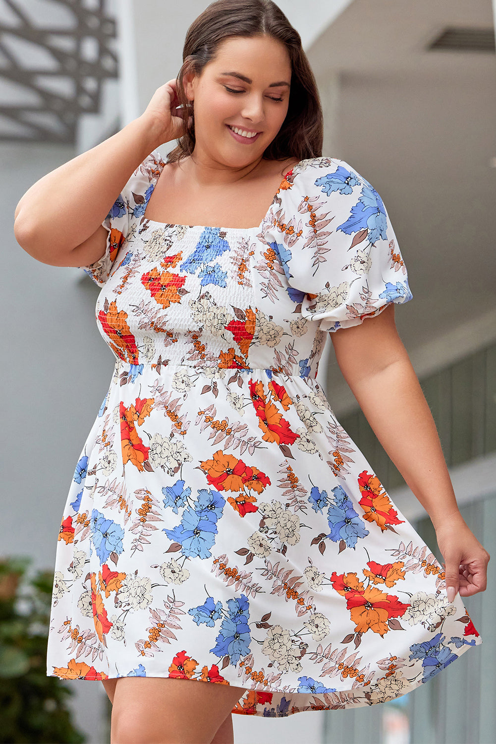 Floral Smocked Flared Plus Size Dress