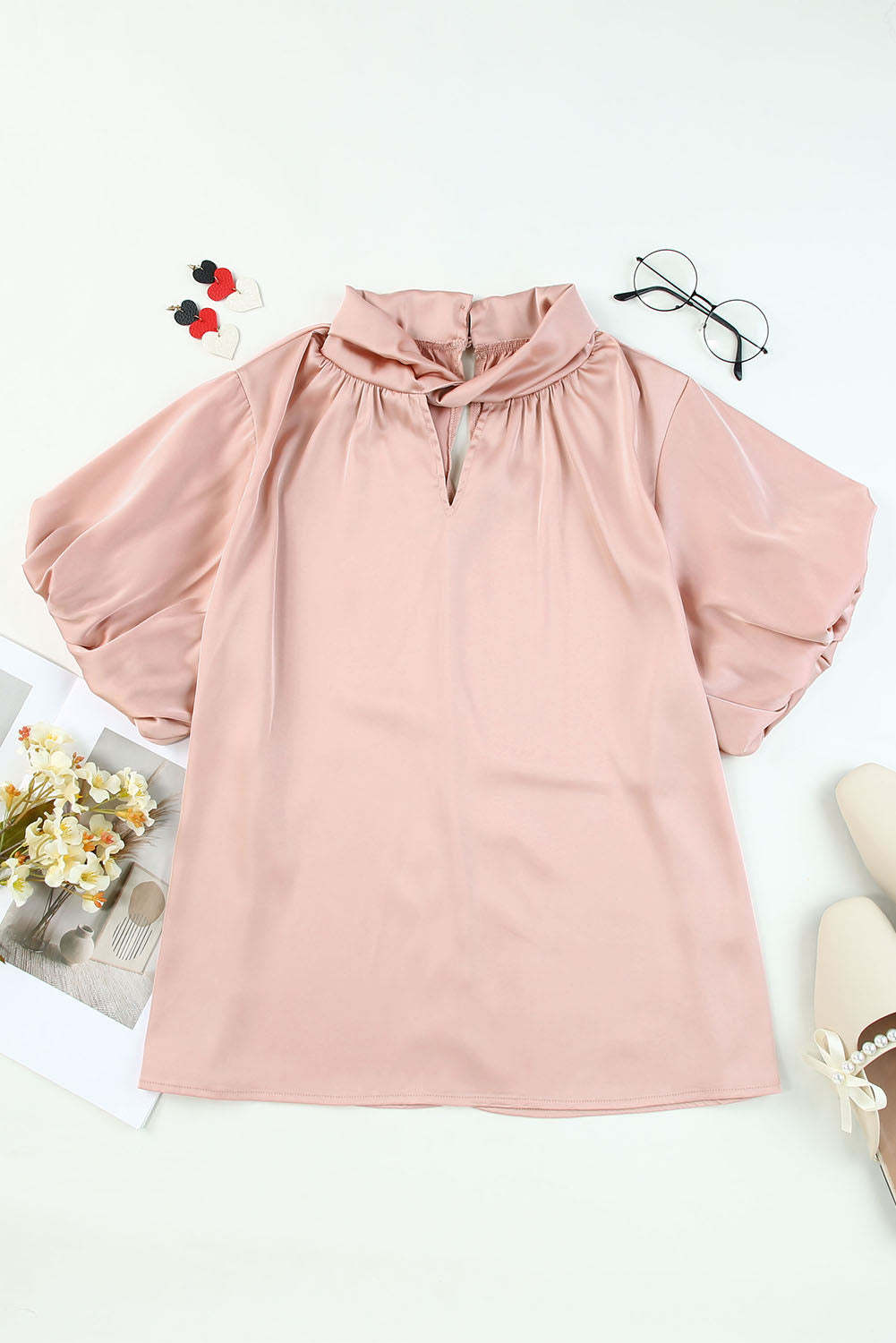 Twist High Neck Puff Sleeve Satin Blouse