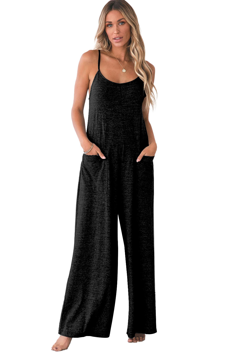 Loose Fit Side Pockets Spaghetti Strap Wide Leg Jumpsuit