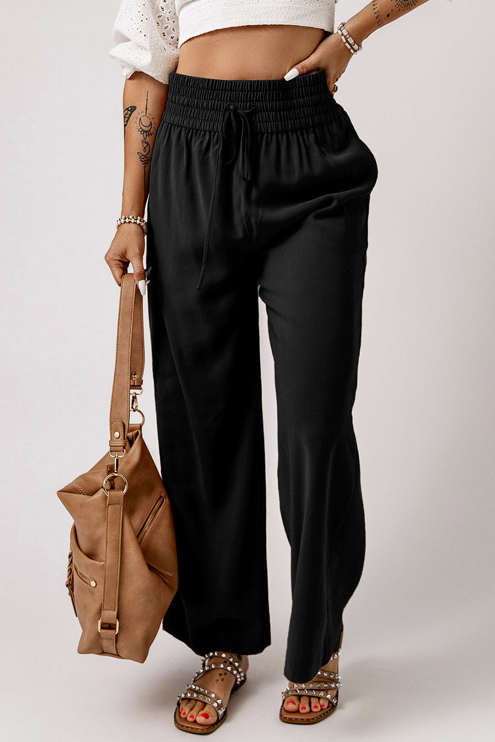 Drawstring Elastic Waist Casual Wide Leg Pants