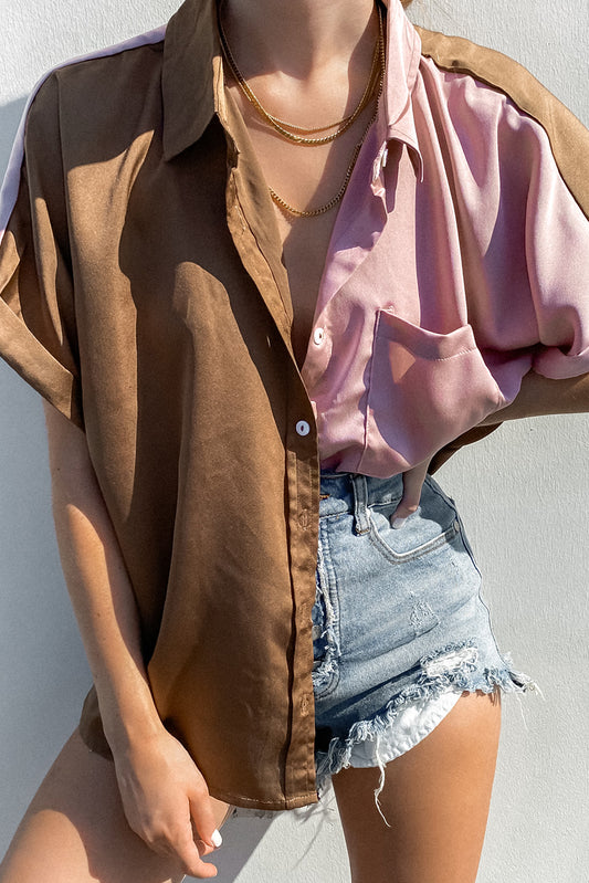 Multicolor Satin Color Block Short Sleeve Shirt