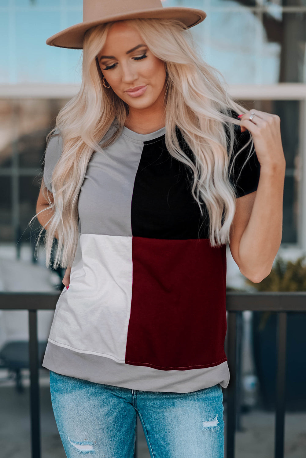 Wine Red Colorblock T-shirt with Slits