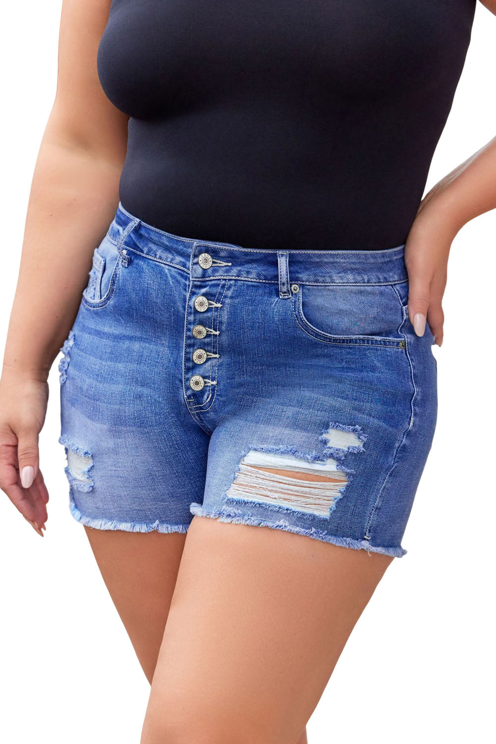 Quintuplicate Button Fly High Rise Plus Denim Shorts