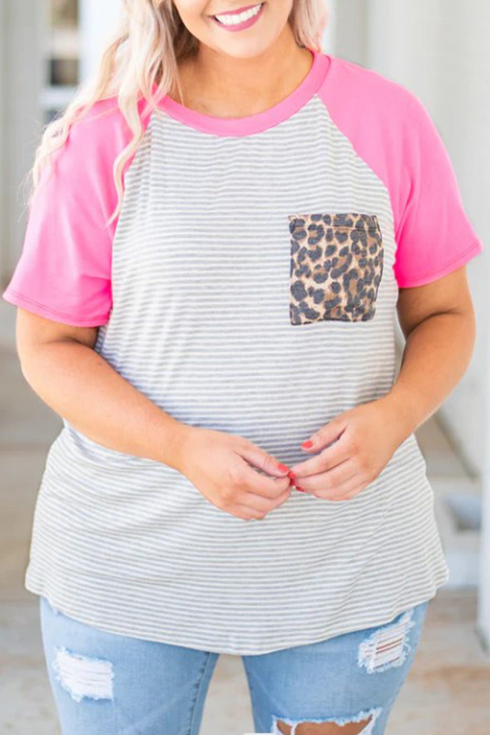 Stripe Leopard Patch Pocket Plus Size Raglan Sleeve Tee