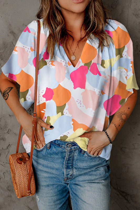 Multicolor Floral Print V Neck Half Sleeve Blouse