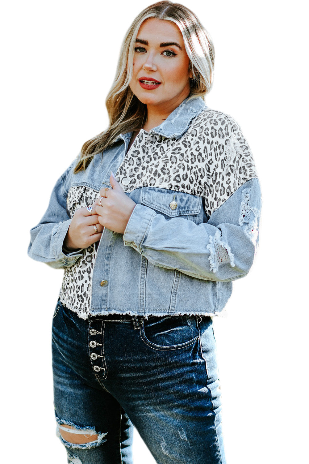 Plus Size Leopard Ripped Cropped Denim Jacket