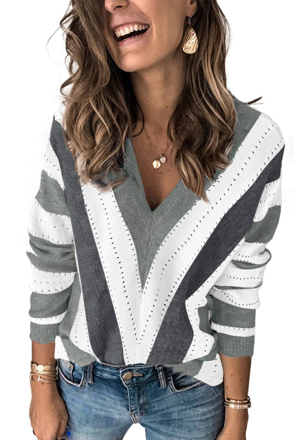 Striped Colorblock V Neck Knitted Sweater