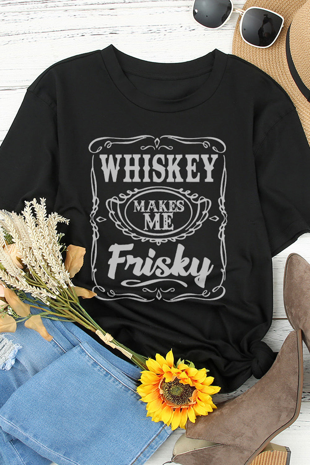 WHISKEY Makes Me Frisky Print Crewneck Graphic Tee