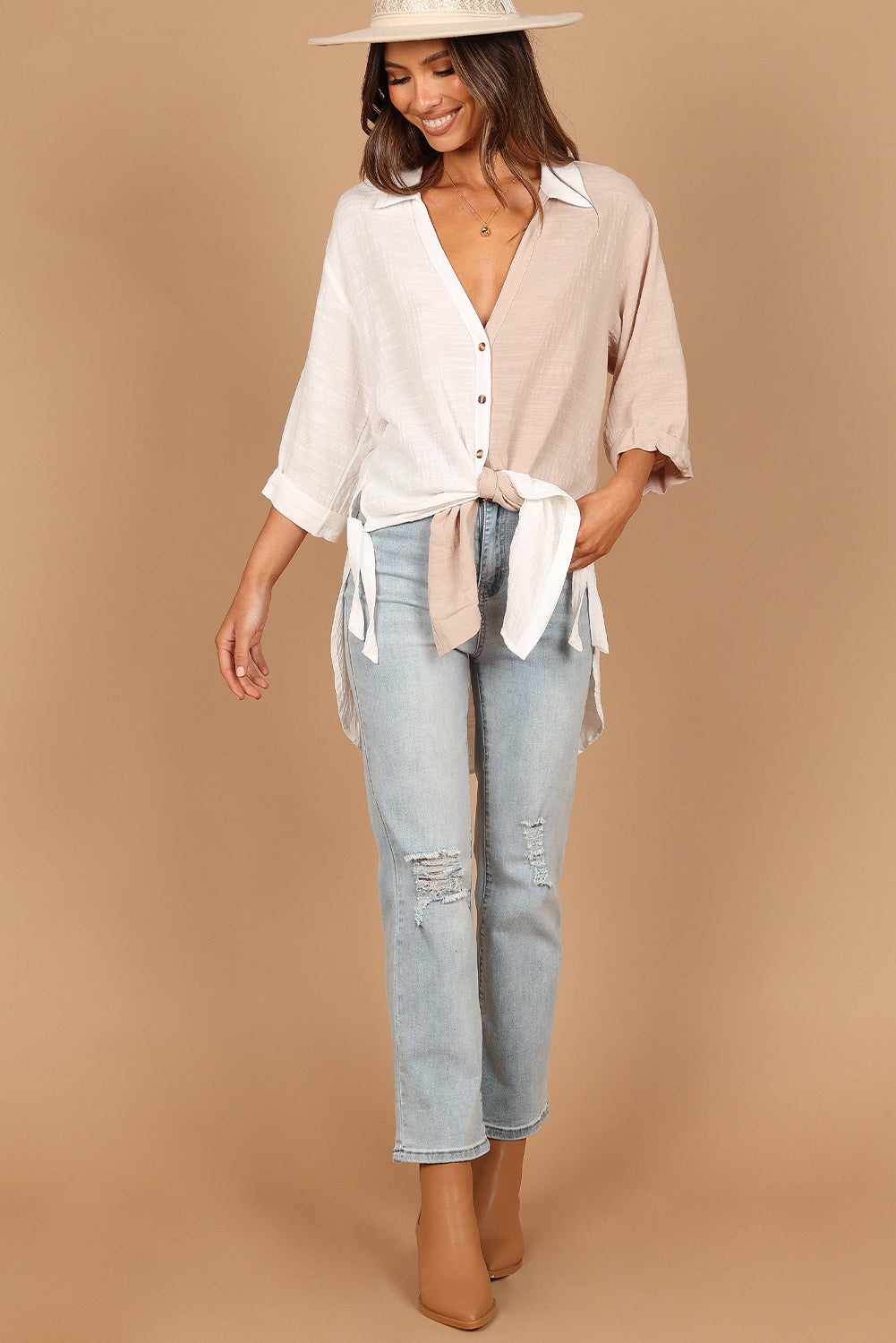 V Neck Collared Curved Hem Contrast Colorblock Shirt