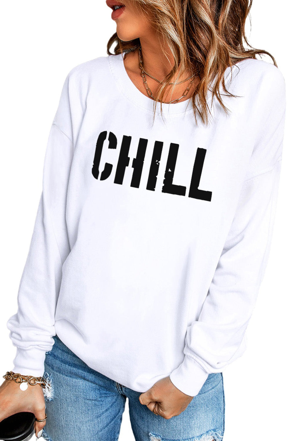 Contrast Trim CHILL Letters Pattern Sweatshirt