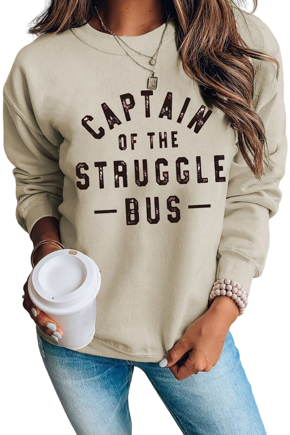 Khaki CAPTAIN Of THE STRUGGLE BUS Graphic Sweatshirt