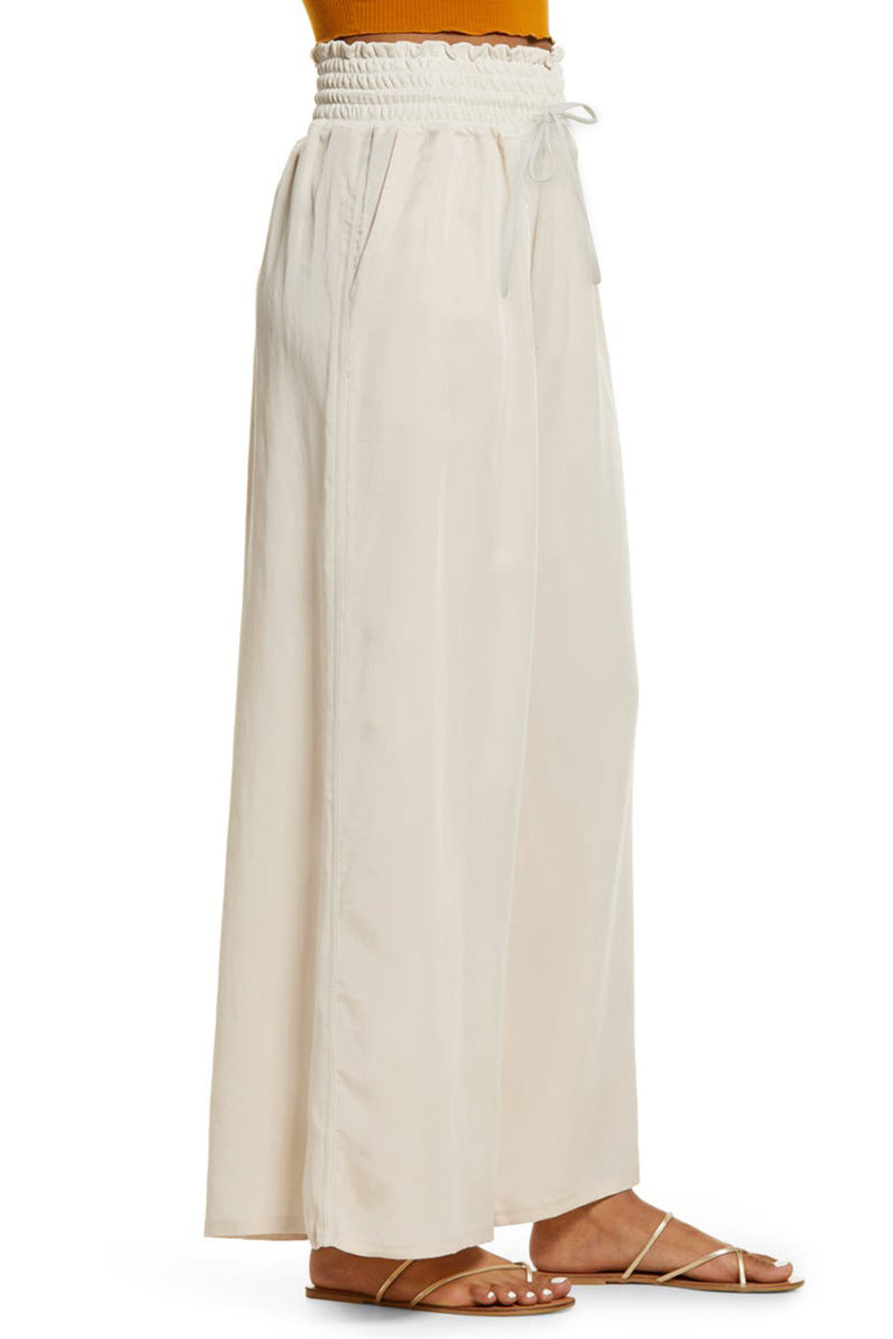 Beige Smocked High Waist Wide Leg Pants