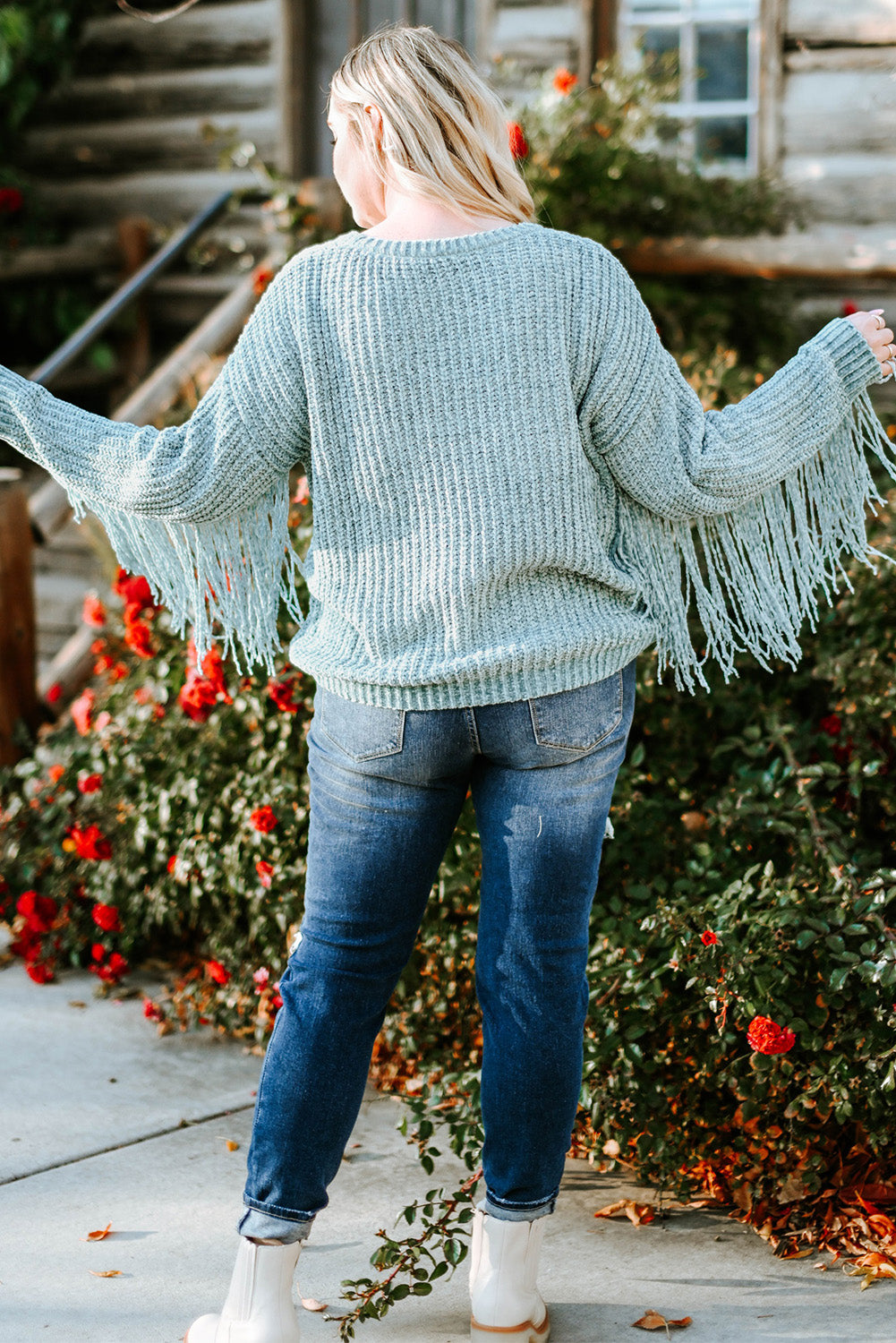 Plus Size Fringed Long Sleeve Knit Sweater