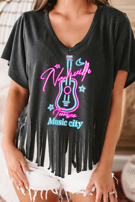 Nashville Guitar Slogan Print Fringed V Neck Graphic Tee
