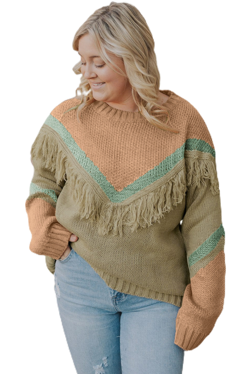 Multicolor Color Mixed Fringe Pullover Plus Size Sweater