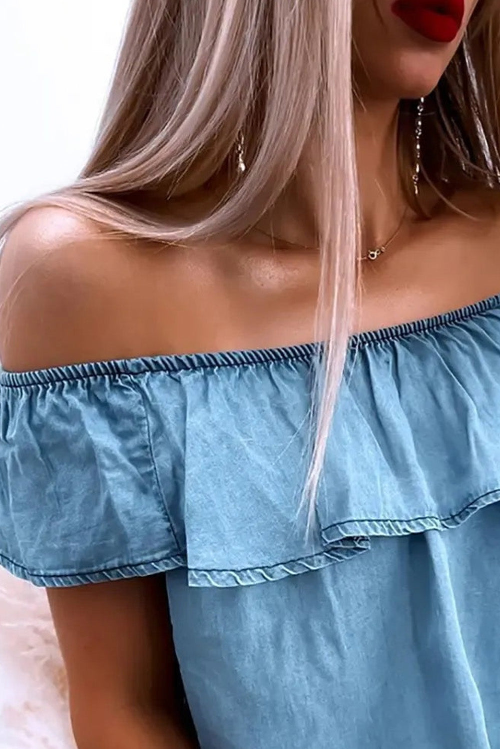 Off-the-shoulder Ruffled Denim Top