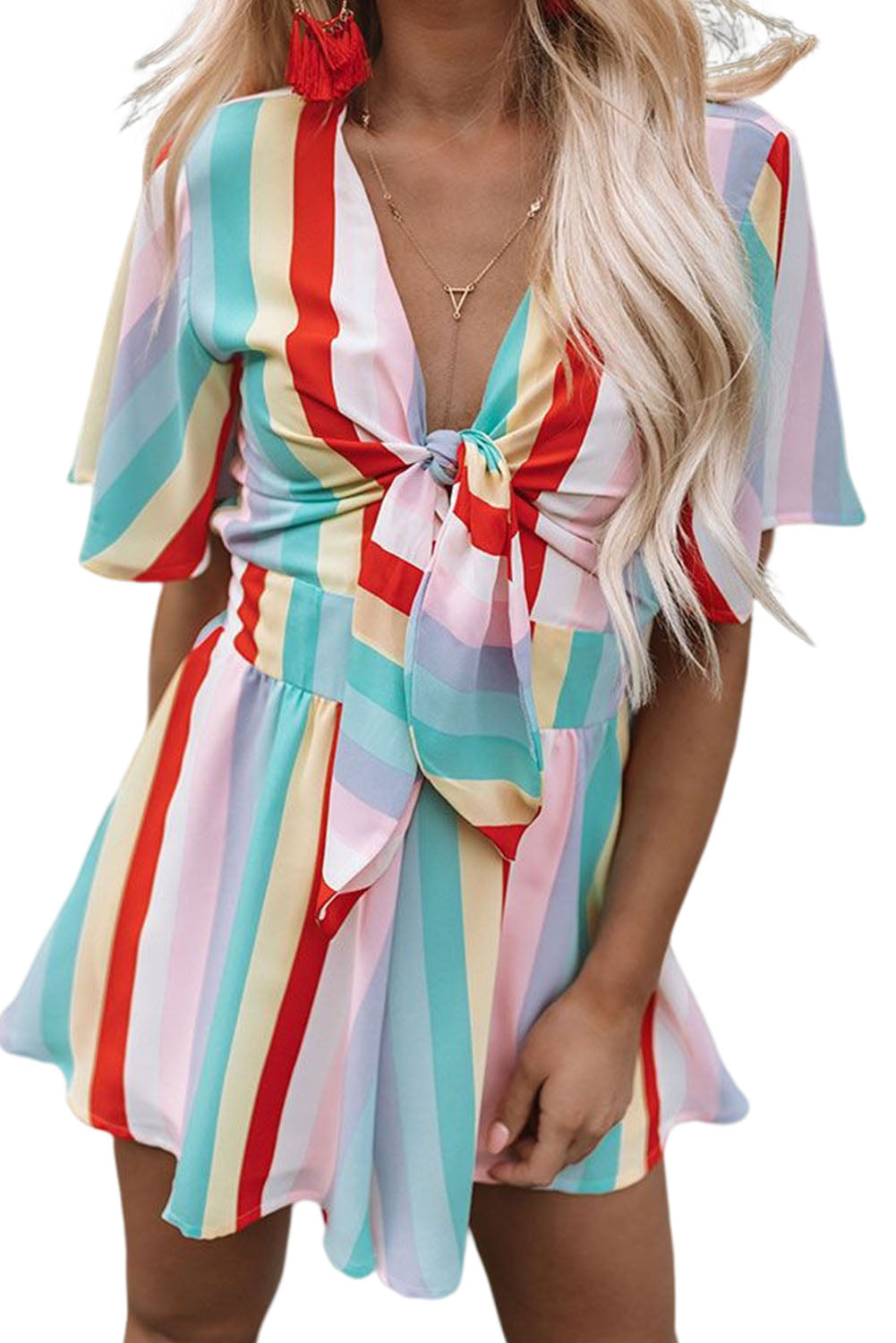 Multicolor Stripe Print Tie V Neck Flowy Romper