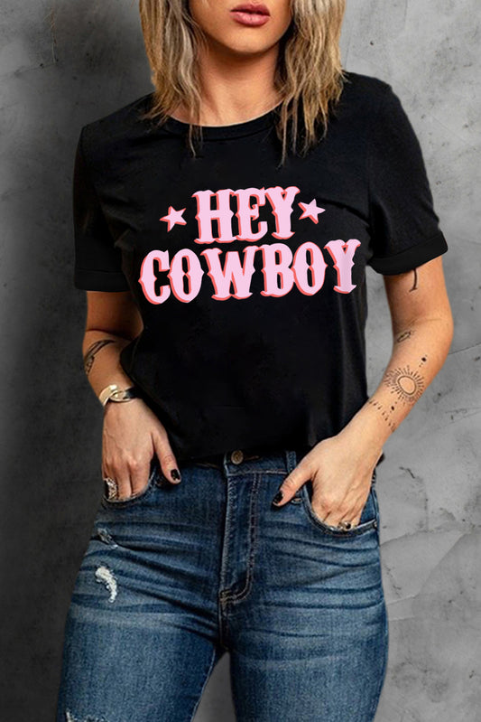 HEY COWBOY Letters Crew Neck T-shirt