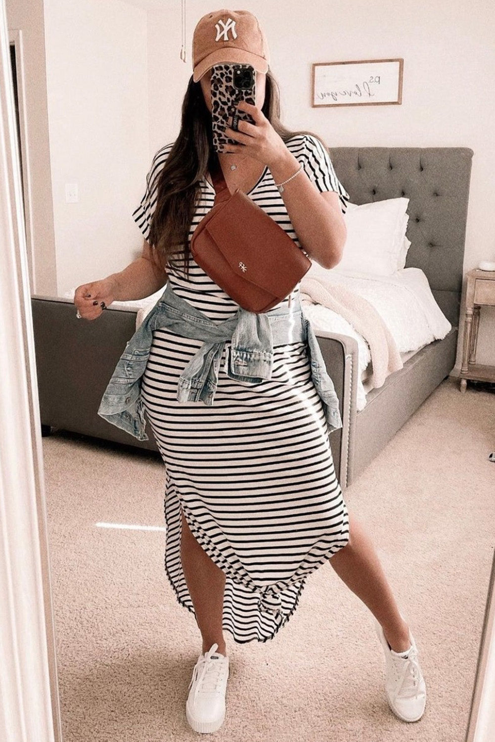 Striped Print Side Split Short Sleeve V Neck Maxi Dress