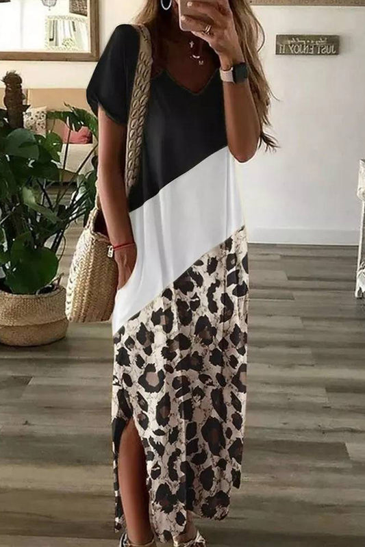 Leopard Color Block Side Slit T Shirt Maxi Dress