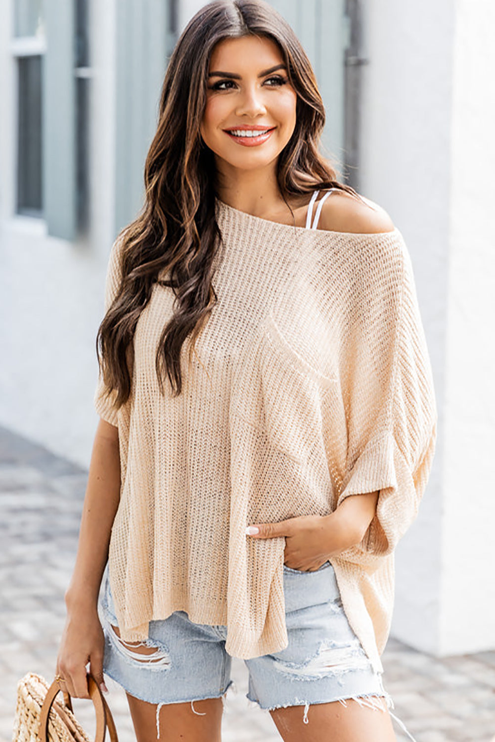 Loose Fit Split Pocket Half Sleeve Knitted Top