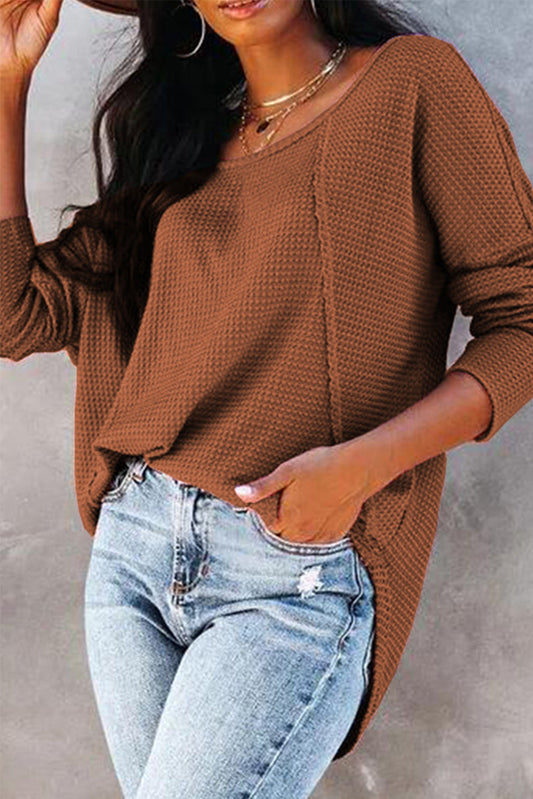 Waffle Knit Splicing Buttons Long Sleeve Top