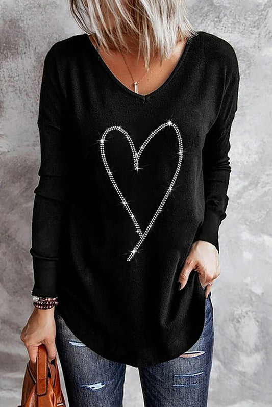 Rhinestone Heart Shaped V Neck Long Sleeve Top