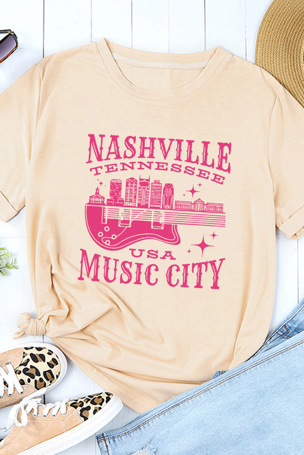 Khaki Nashville Music City Graphic Print Short Sleeve T Shirt