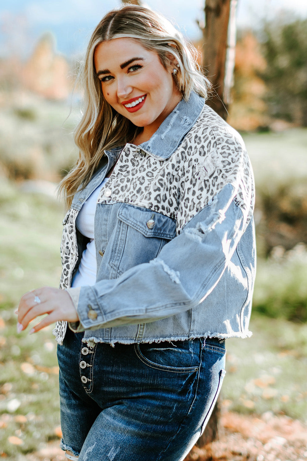 Plus Size Leopard Ripped Cropped Denim Jacket