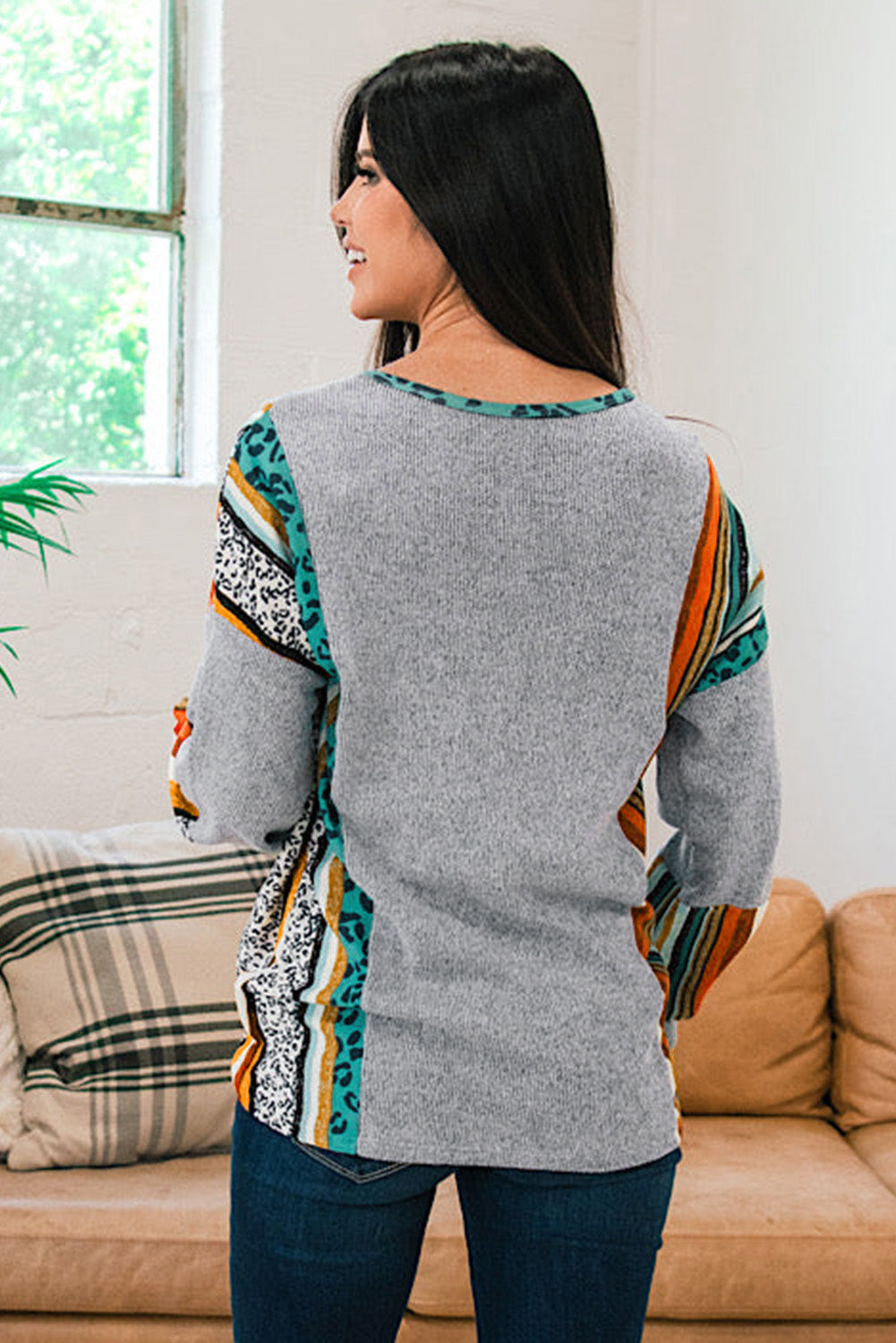 Leopard Serape Drop Shoulder Bubble Sleeves Knit Top