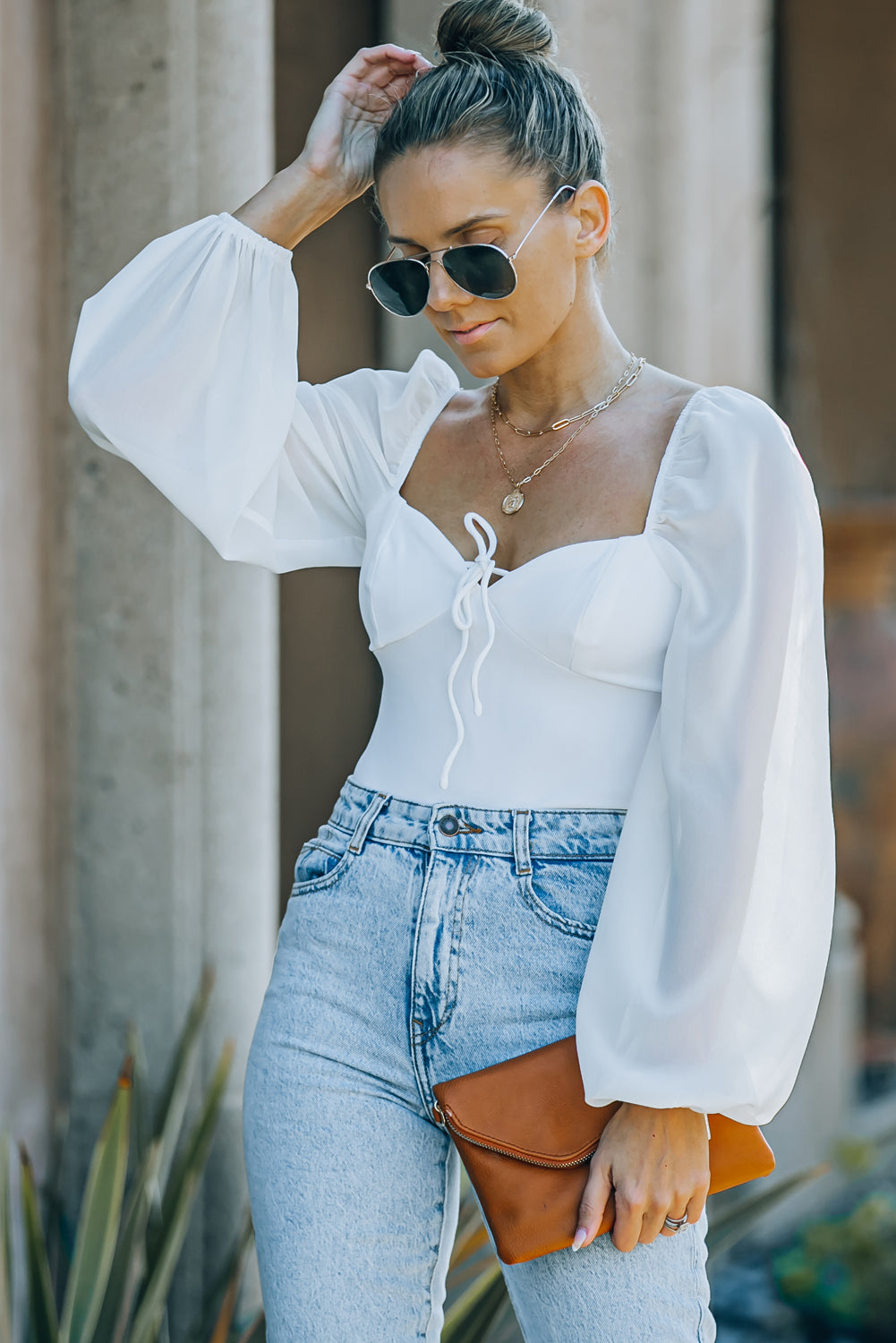 Criss Cross Backless Puff Sleeve Bodysuit