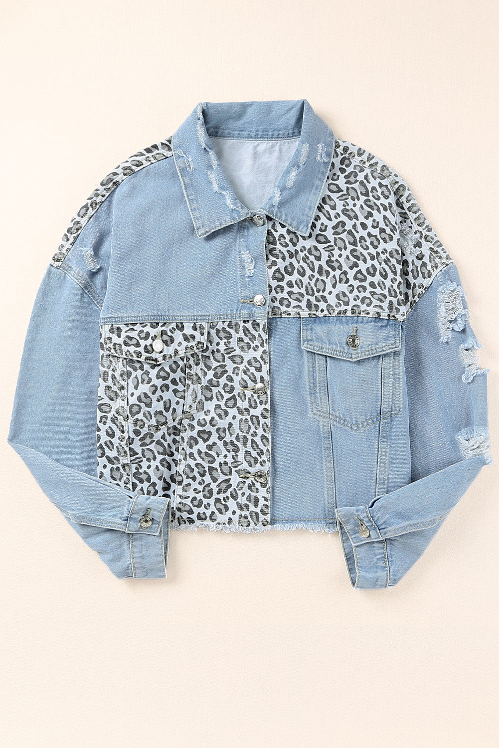 Plus Size Leopard Ripped Cropped Denim Jacket