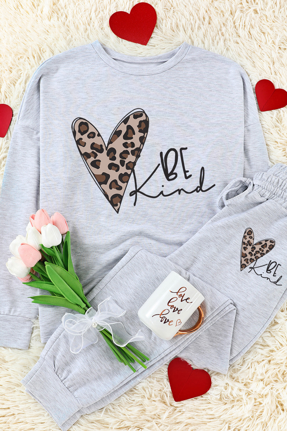 BE Kind Leopard Heart Graphic Pullover and Joggers Lounge Set