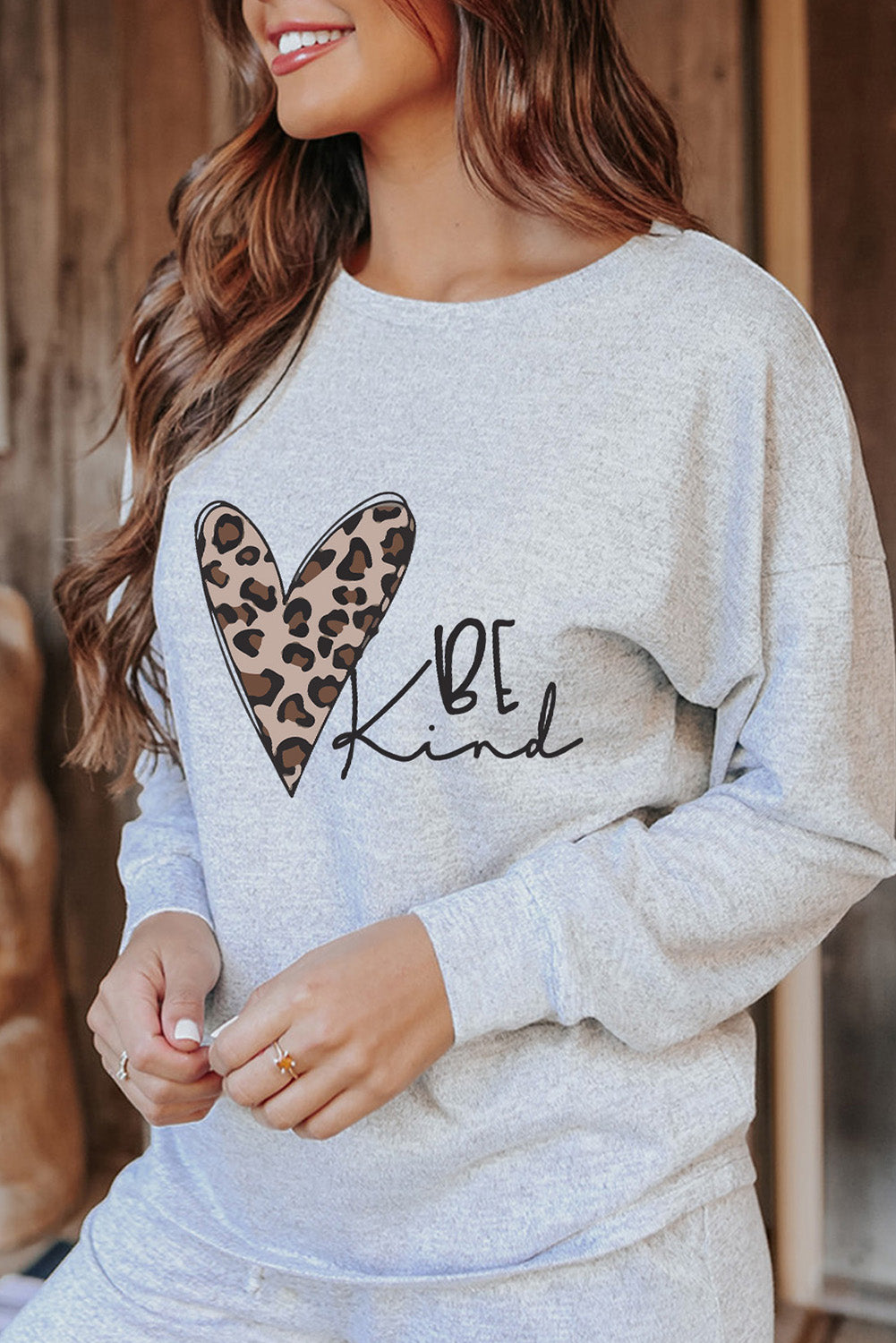 BE Kind Leopard Heart Graphic Pullover and Joggers Lounge Set