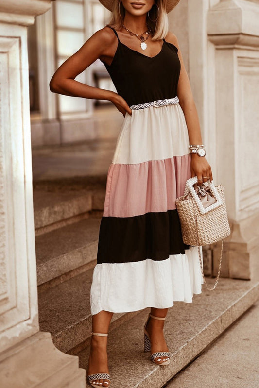 Color Block Sleeveless V Neck Long Dress