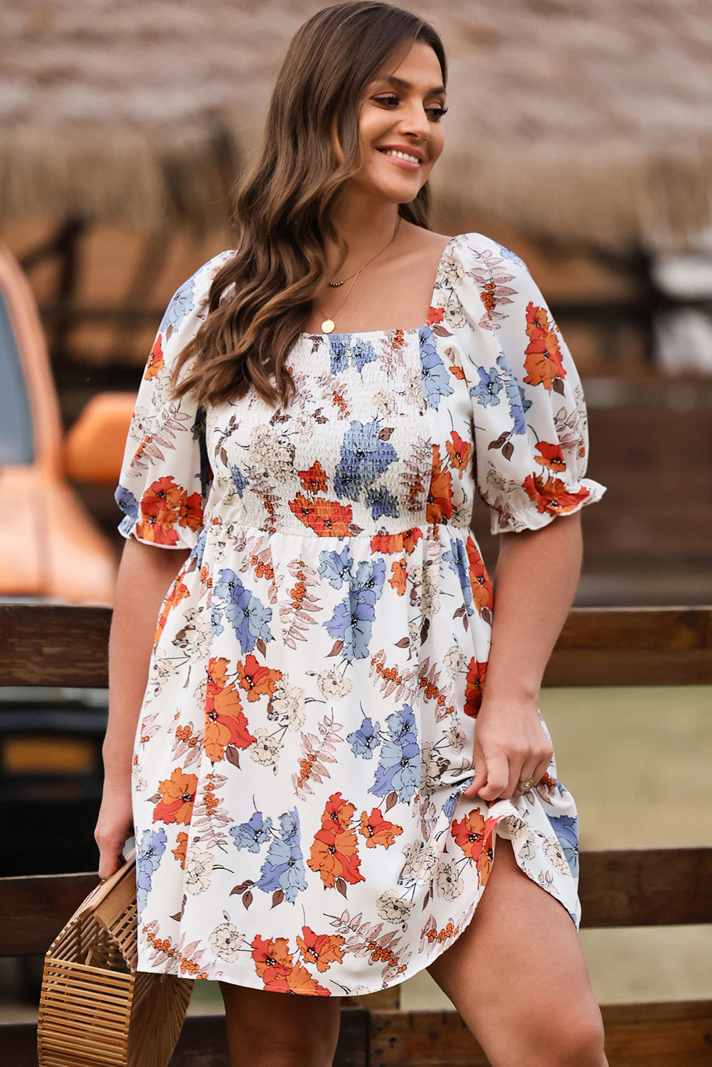 Floral Smocked Flared Plus Size Dress