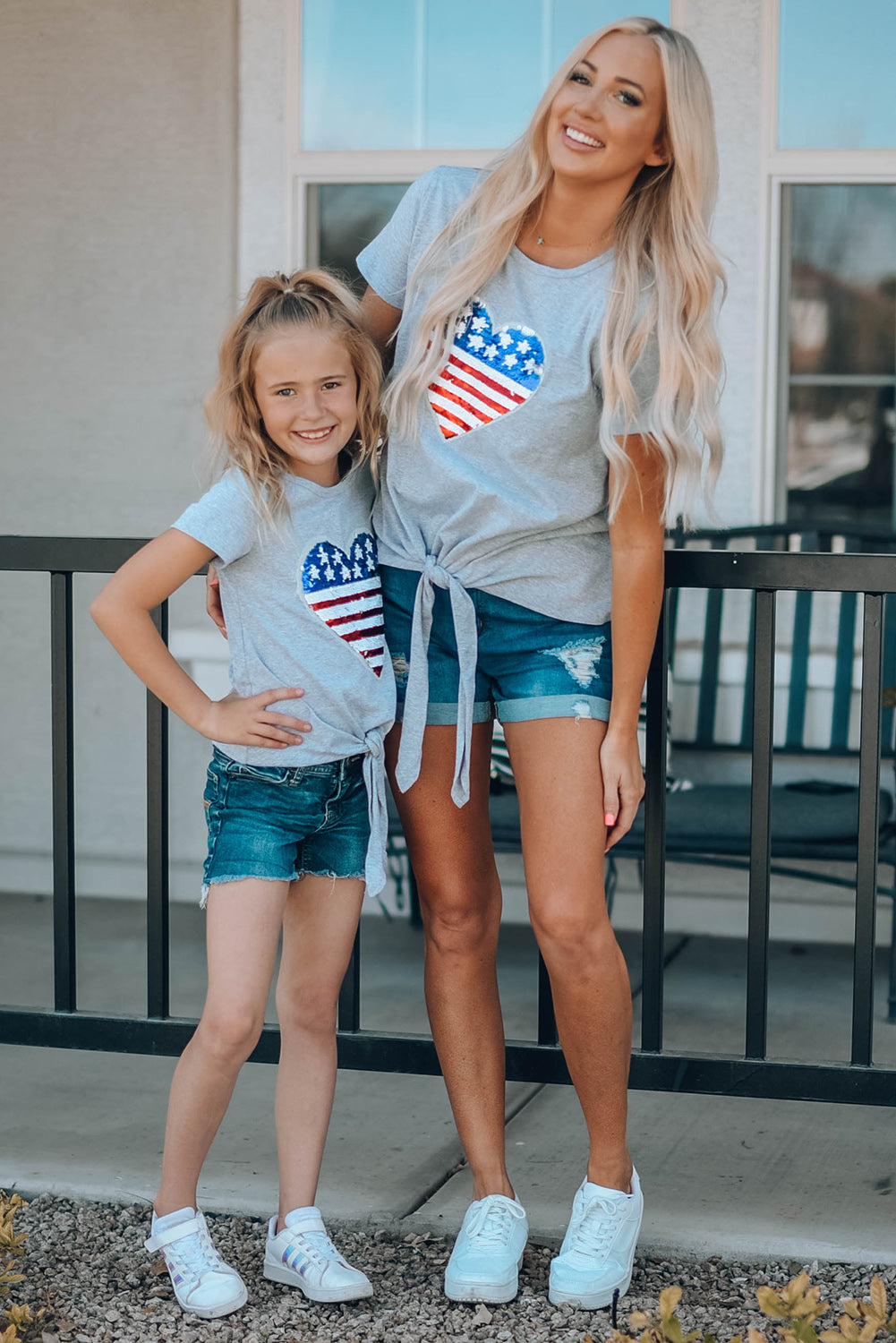 Mommy Patriotic Flag Sequin Heart Applique Knot Top