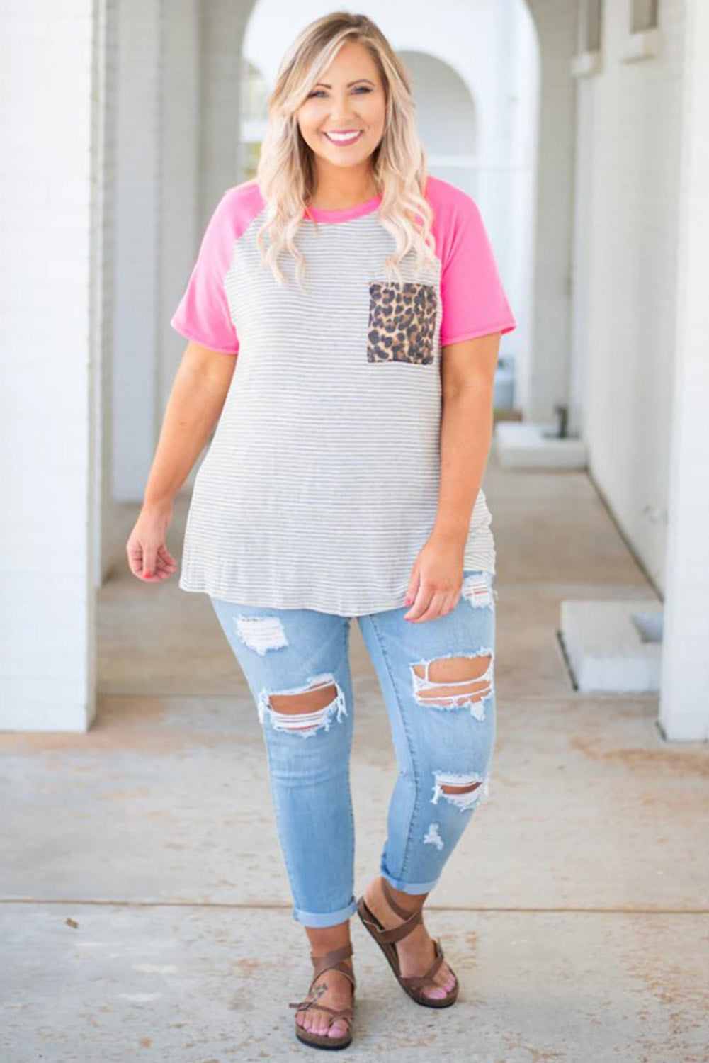 Stripe Leopard Patch Pocket Plus Size Raglan Sleeve Tee