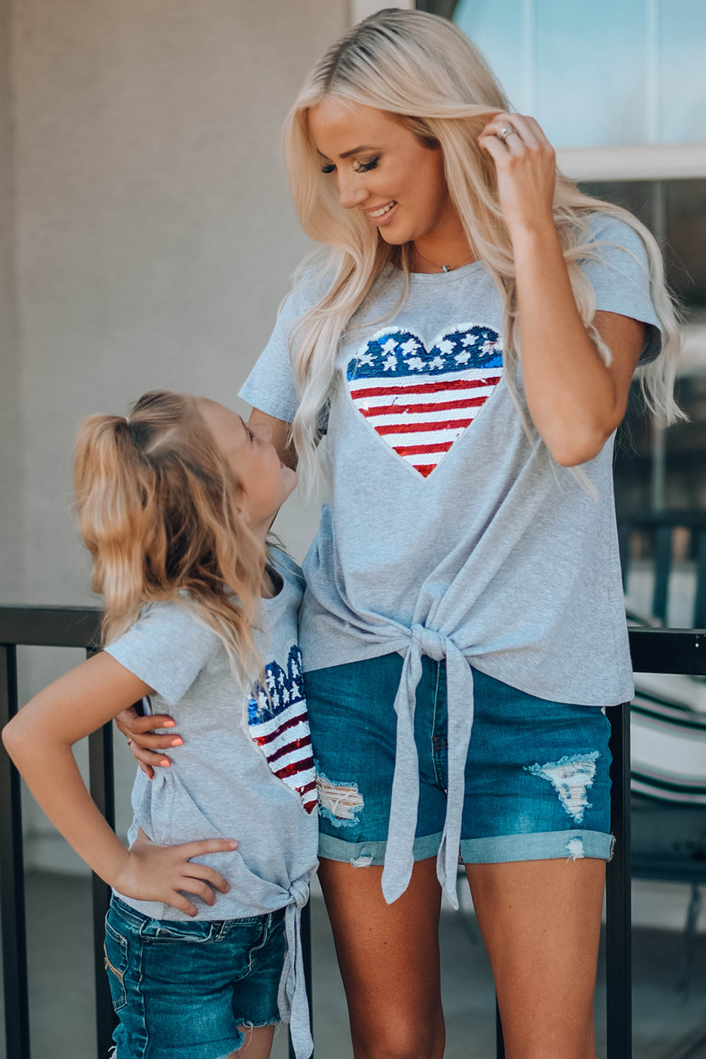 Mommy Patriotic Flag Sequin Heart Applique Knot Top