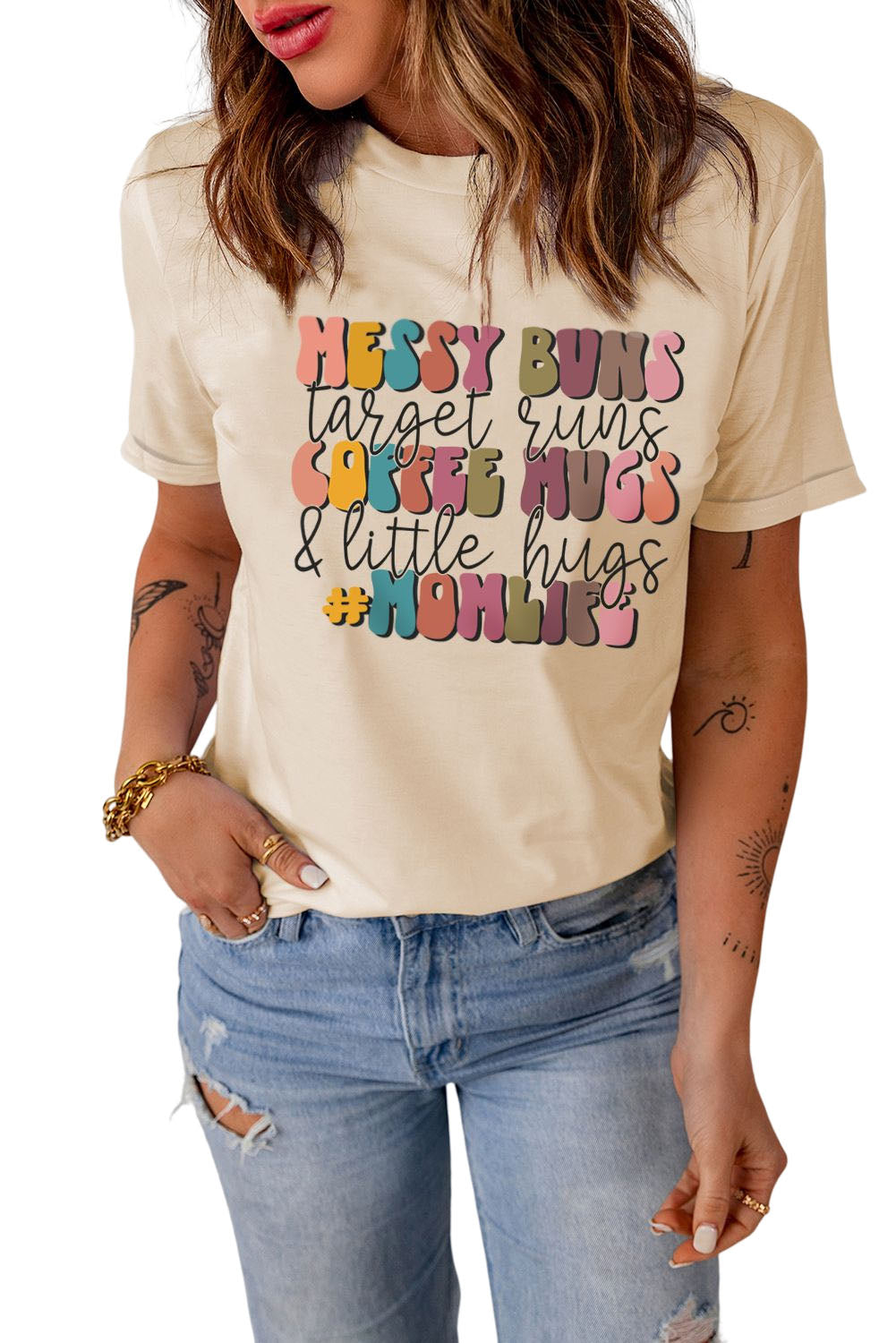 Khaki MOMLIFE Slogan Graphic Print Crew Neck T Shirt