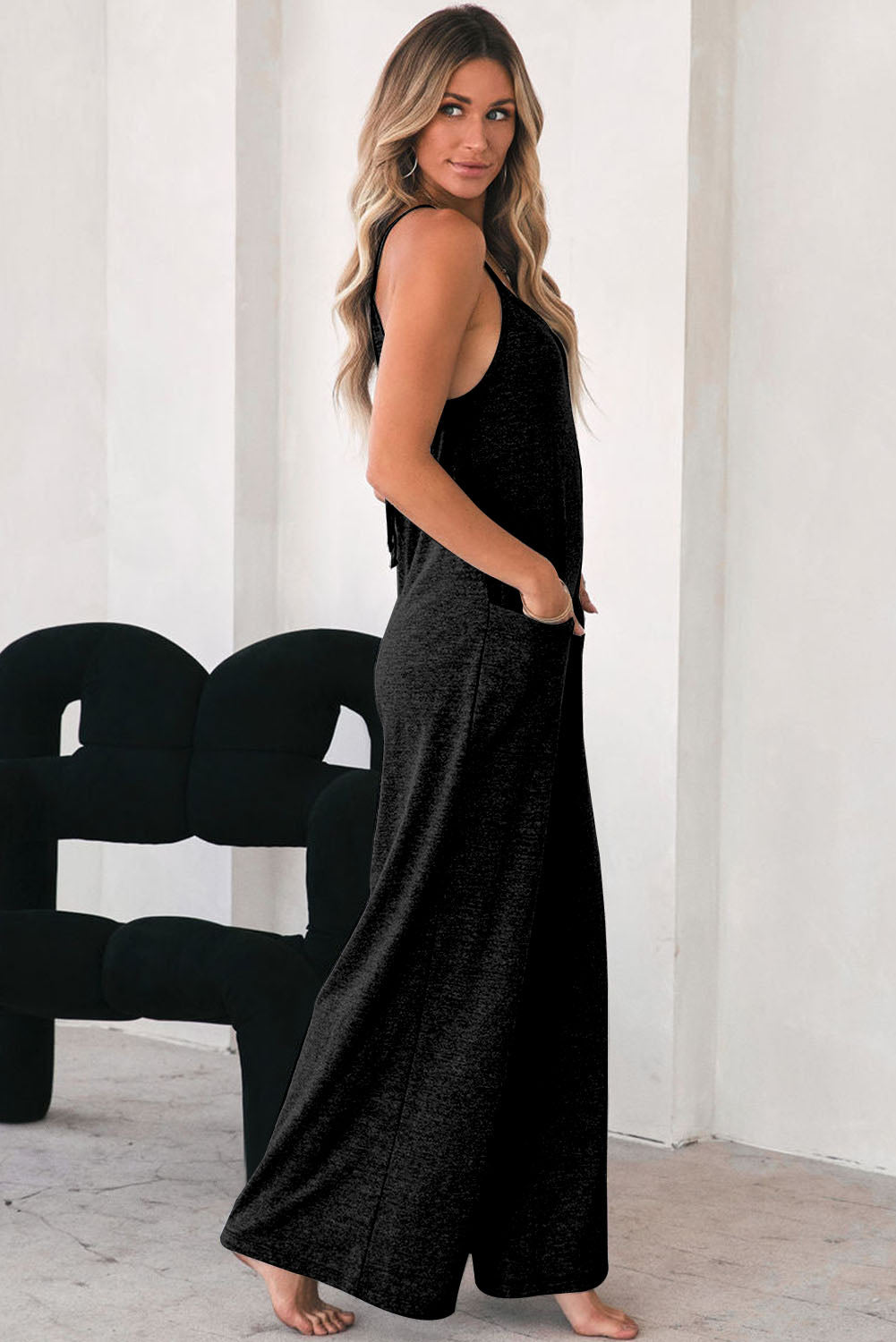 Loose Fit Side Pockets Spaghetti Strap Wide Leg Jumpsuit